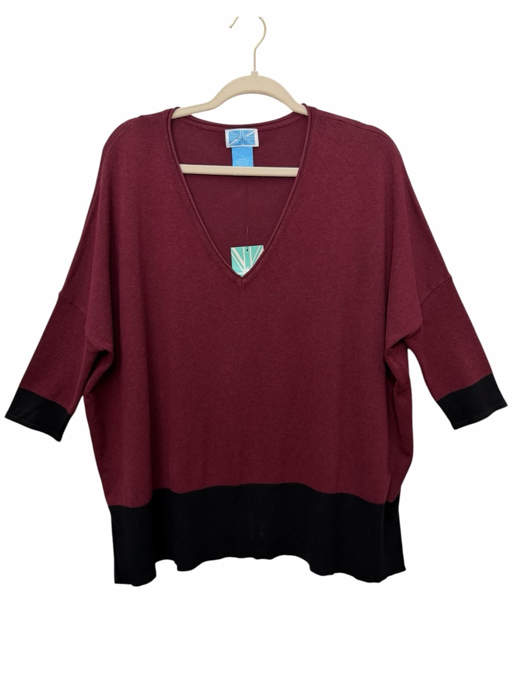 Survival Sweater V Neck 3/4 Sleeve Oversized Pullover Wine Black Women Sz L